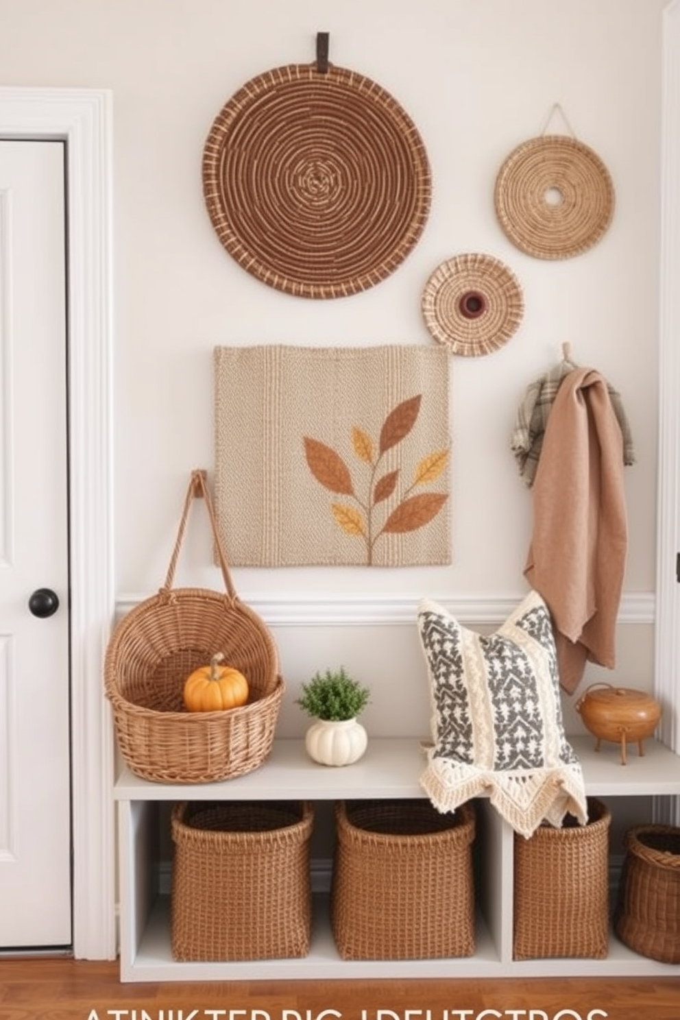 Textured wall hangings create a warm and inviting atmosphere in the mudroom. Incorporate natural materials such as woven baskets and fabric art to enhance the seasonal decor for Thanksgiving.