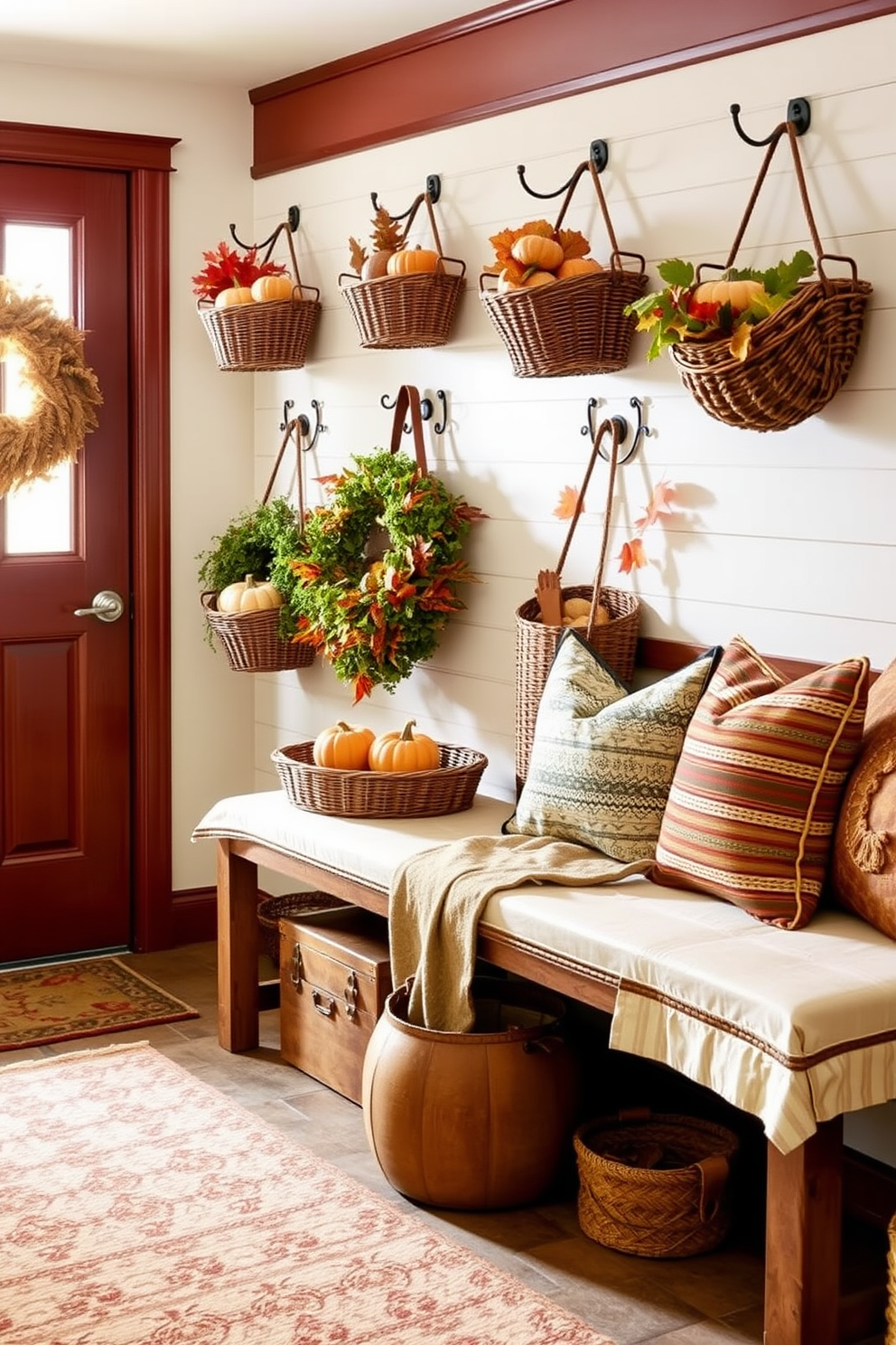 Hanging lanterns cast a warm glow in the mudroom, creating an inviting atmosphere for guests. The rustic charm of the lanterns complements the seasonal decor, enhancing the Thanksgiving spirit. The mudroom features a cozy bench with plush cushions, providing a comfortable spot to remove shoes. Decorative hooks line the walls, adorned with autumn wreaths and festive garlands, adding a touch of seasonal flair.