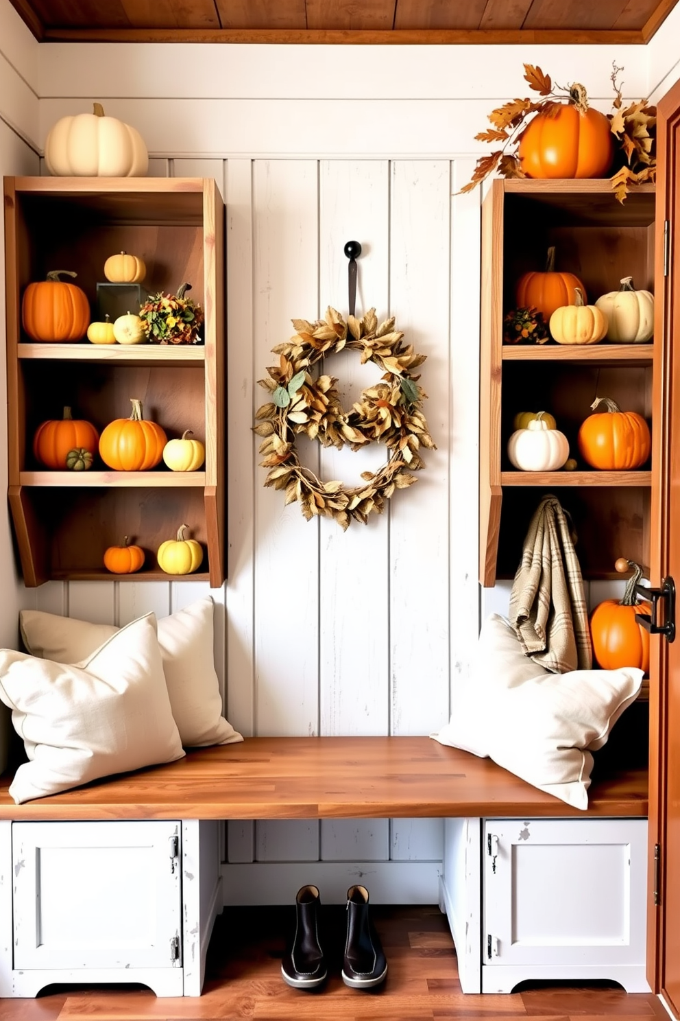 A cozy mudroom adorned with pumpkin decorations on the shelves creates a warm and inviting atmosphere. The shelves are filled with various sizes of pumpkins, complemented by autumn leaves and small gourds for a festive touch. The mudroom features a rustic bench with soft cushions, providing a comfortable spot to sit while putting on shoes. A wreath made of dried leaves hangs on the door, enhancing the seasonal charm of the space.