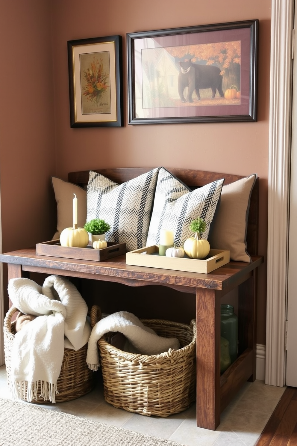 A cozy mudroom decorated for Thanksgiving features a rustic wooden bench adorned with plush cushions. On the bench, decorative trays filled with seasonal essentials like pumpkins, candles, and small potted plants create an inviting atmosphere. The walls are painted in warm earth tones, complemented by framed autumn-themed artwork. A woven basket sits beside the bench, holding extra blankets and scarves for chilly days.