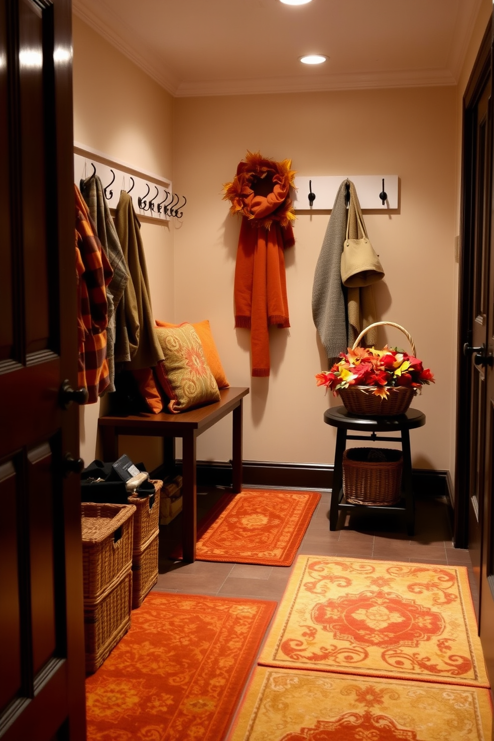 A cozy mudroom filled with warmth and charm. Soft knitted scarves are hung decoratively on rustic hooks, creating a welcoming atmosphere for guests. The walls are painted in a warm beige tone, complemented by a rich wooden bench adorned with plush cushions. Seasonal decorations, such as small pumpkins and autumn leaves, are tastefully arranged on a nearby shelf.