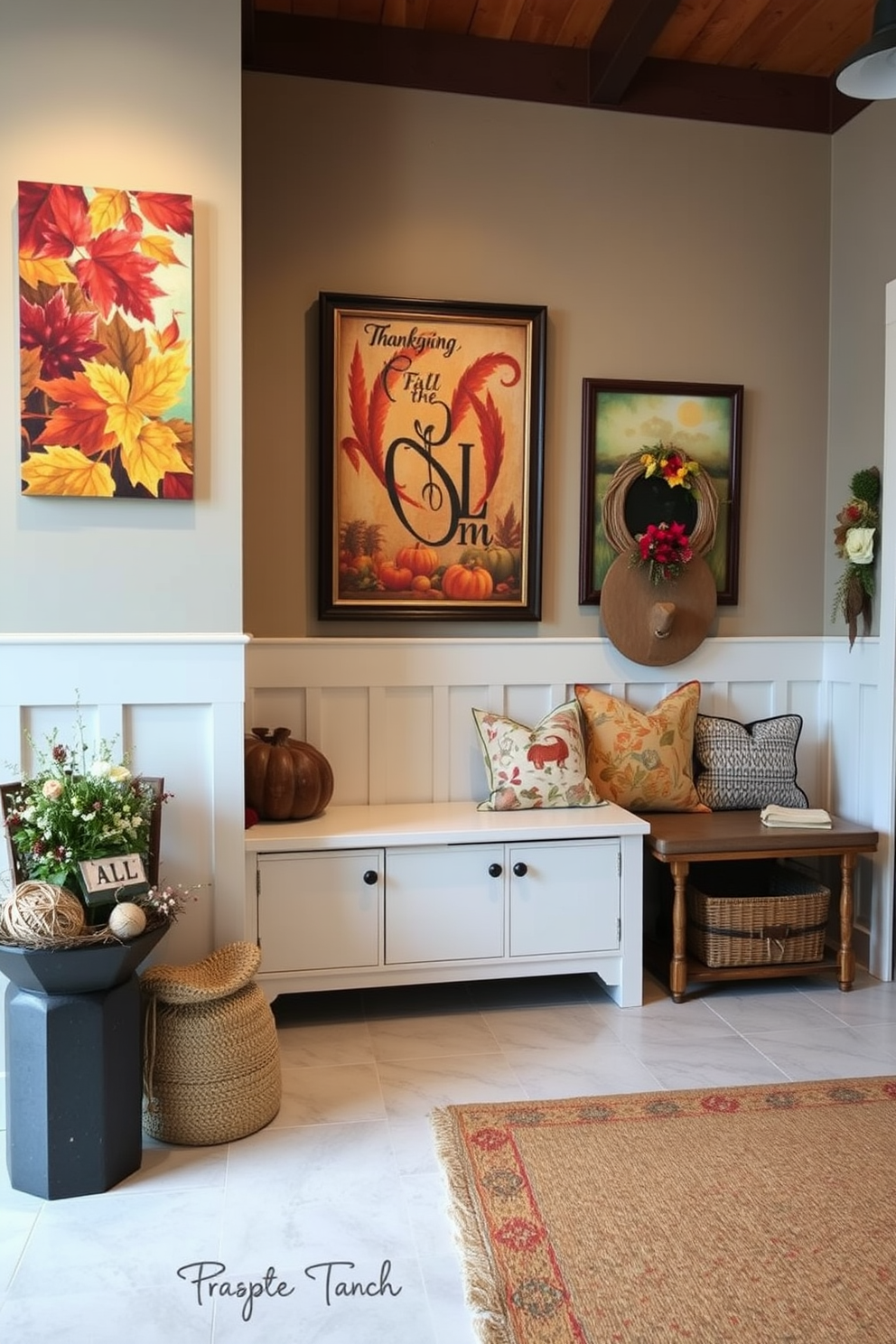 Seasonal artwork adorns the display walls, showcasing vibrant fall colors and themes related to Thanksgiving. The mudroom features a warm and inviting atmosphere with rustic decor elements and cozy seating options.