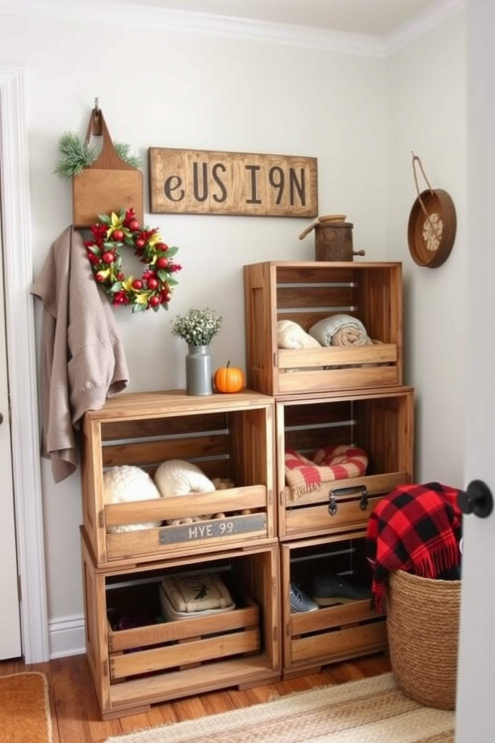 A cozy mudroom adorned with wreaths made of vibrant fall leaves. The space features a rustic bench with hooks above for hanging coats and scarves, complemented by warm, earthy tones throughout.