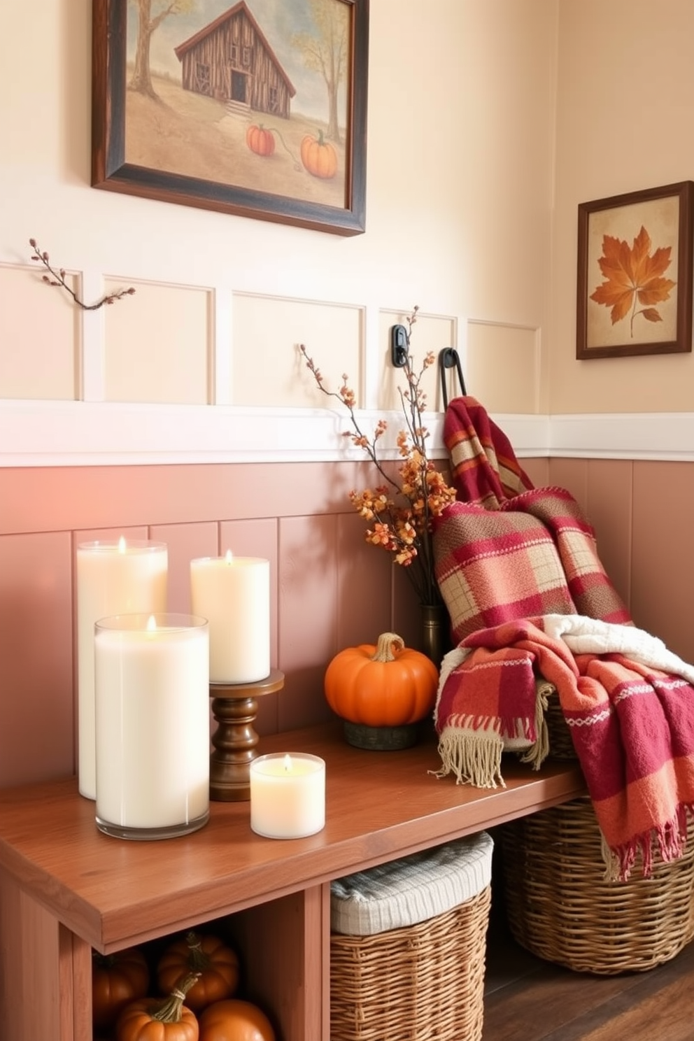 A cozy mudroom adorned with warm fall colors. There are decorative candles in various sizes, each emitting inviting scents of cinnamon and pumpkin spice, placed on a rustic wooden bench. The walls are painted in a soft beige, complemented by autumn-themed artwork. A woven basket filled with cozy blankets sits beside the bench, enhancing the inviting atmosphere.