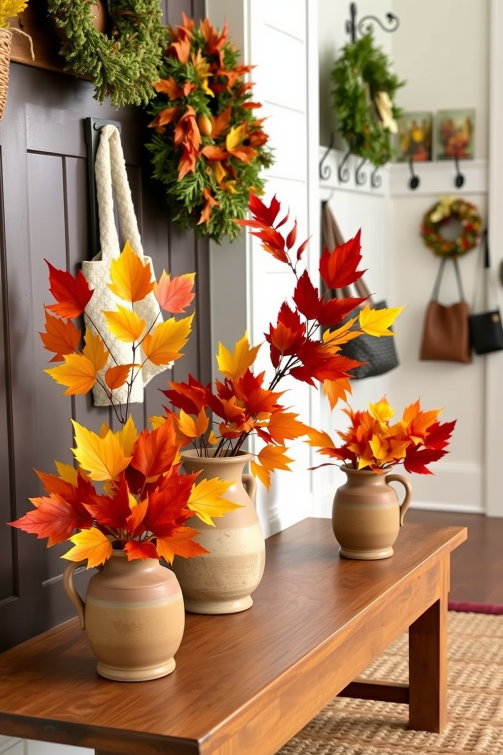 A cozy mudroom adorned with layered rugs in warm colors creates an inviting atmosphere. The rugs feature rich tones of rust, amber, and deep red, complementing the wooden bench and hooks on the wall. Natural light streams in through a window, highlighting the textures of the rugs. Potted plants and seasonal decorations add a festive touch, making it a perfect space for welcoming guests during Thanksgiving.