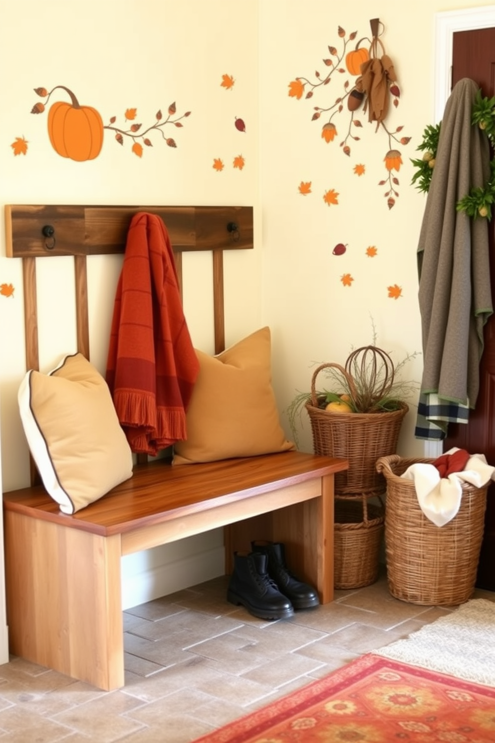 A warm Thanksgiving greeting sign is displayed at the entryway, welcoming guests with a rustic charm. The sign features autumnal colors and playful lettering, surrounded by seasonal decorations like pumpkins and fall leaves. The mudroom is adorned with cozy touches, including a bench with plush cushions and woven baskets for storage. Garlands of dried corn and vibrant foliage hang above, creating a festive atmosphere that captures the spirit of the holiday.