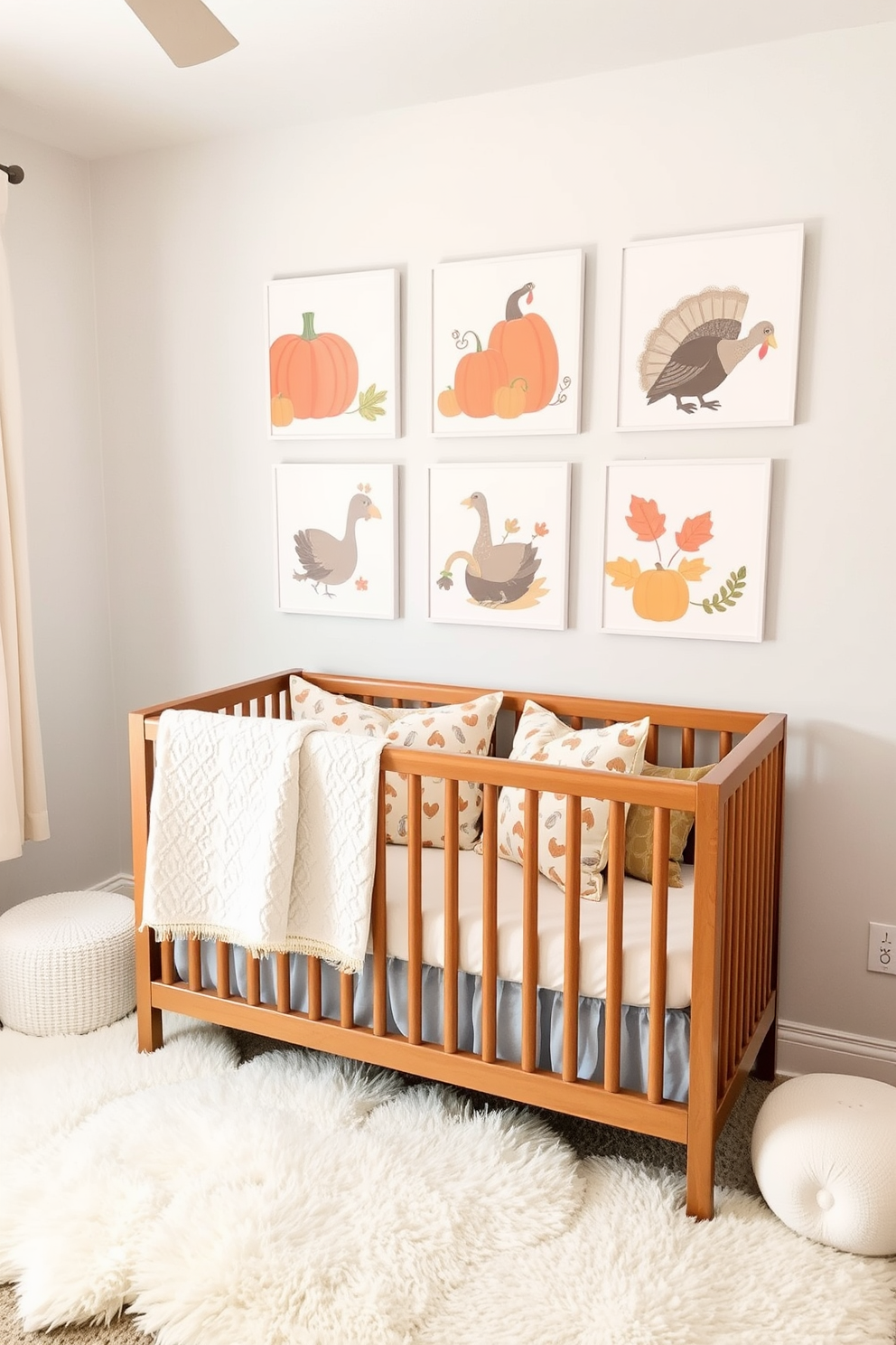 A cozy nursery adorned with Thanksgiving themed wall art featuring pumpkins, turkeys, and autumn leaves. Soft pastel colors create a warm atmosphere, while a plush rug lies beneath a wooden crib surrounded by decorative pillows.