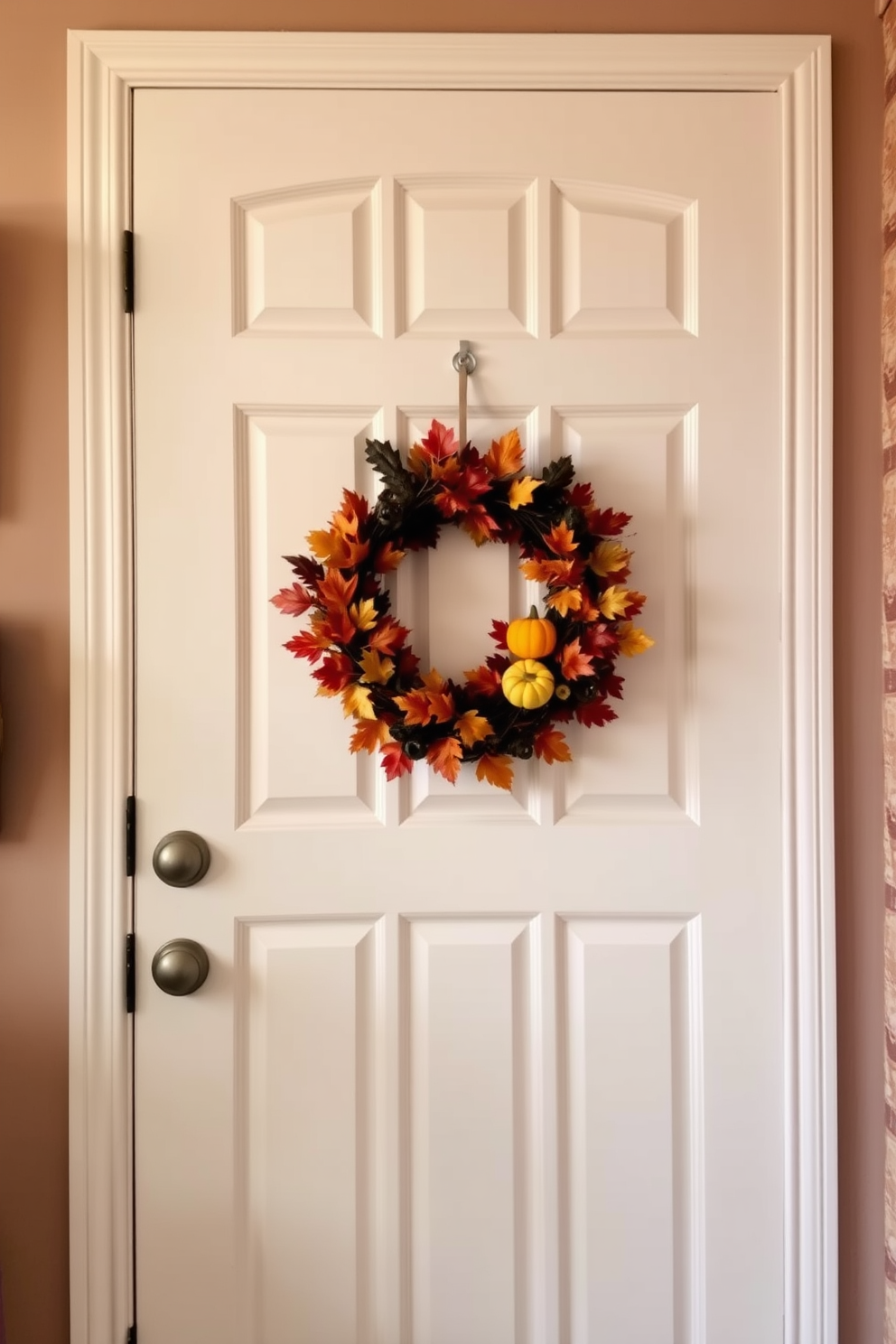 A charming nursery door adorned with a seasonal wreath featuring autumn leaves and small pumpkins. The door is painted a soft pastel color, creating a warm and inviting atmosphere for Thanksgiving celebrations.