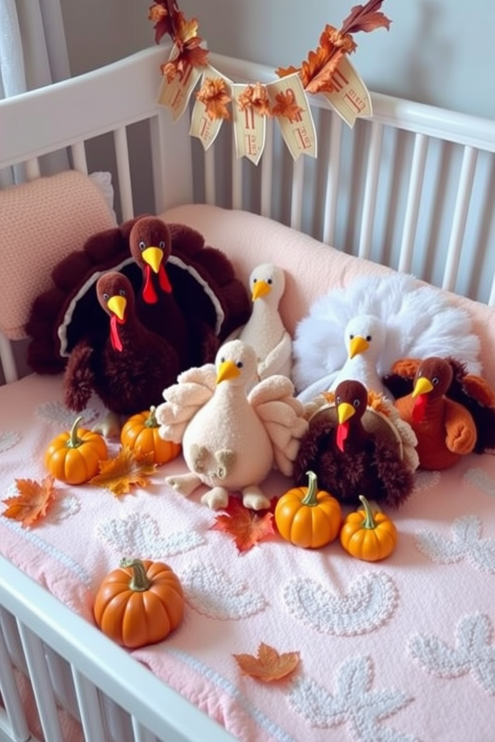 A cozy nursery decorated for Thanksgiving features a charming display of stuffed animal turkeys in various sizes and colors. The turkeys are arranged on a soft, pastel-colored blanket, surrounded by autumn leaves and small pumpkins to create a festive atmosphere.