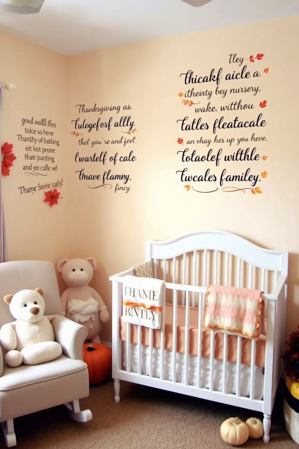 A cozy Thanksgiving nursery featuring wall decals with inspirational quotes about gratitude and family. The walls are painted in soft pastel colors, creating a warm and inviting atmosphere for the little ones. Decorative elements include plush toys and a comfortable rocking chair, enhancing the nurturing environment. The space is accented with seasonal decorations like pumpkins and autumn leaves, adding a festive touch to the nursery.