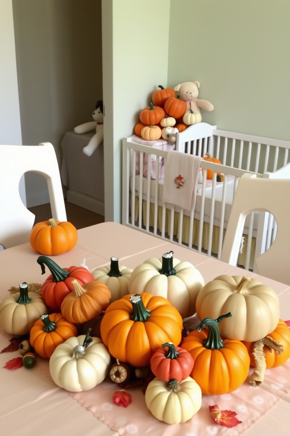 Colorful pumpkins in various sizes are arranged as table decor, creating a festive and cheerful atmosphere for Thanksgiving. The pumpkins are complemented by soft, pastel-colored table linens and small autumn-themed accents like acorns and leaves. In the nursery, a cozy corner features a whimsical display of pumpkins, with plush toys and gentle lighting enhancing the inviting feel. The color palette includes soft oranges, yellows, and greens, creating a warm and nurturing environment for little ones.