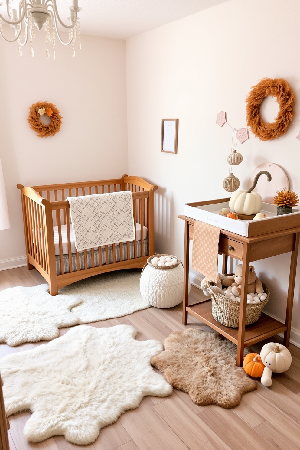 A cozy nursery setting designed for Thanksgiving. The floor is adorned with soft faux fur rugs that add warmth, while the walls are painted in a soft pastel hue, creating a serene atmosphere. A wooden crib is placed against one wall, draped with a lightweight, patterned blanket. Decorated with autumn-themed accents, the room features a changing table with a pumpkin centerpiece and plush toys scattered around for a playful touch.