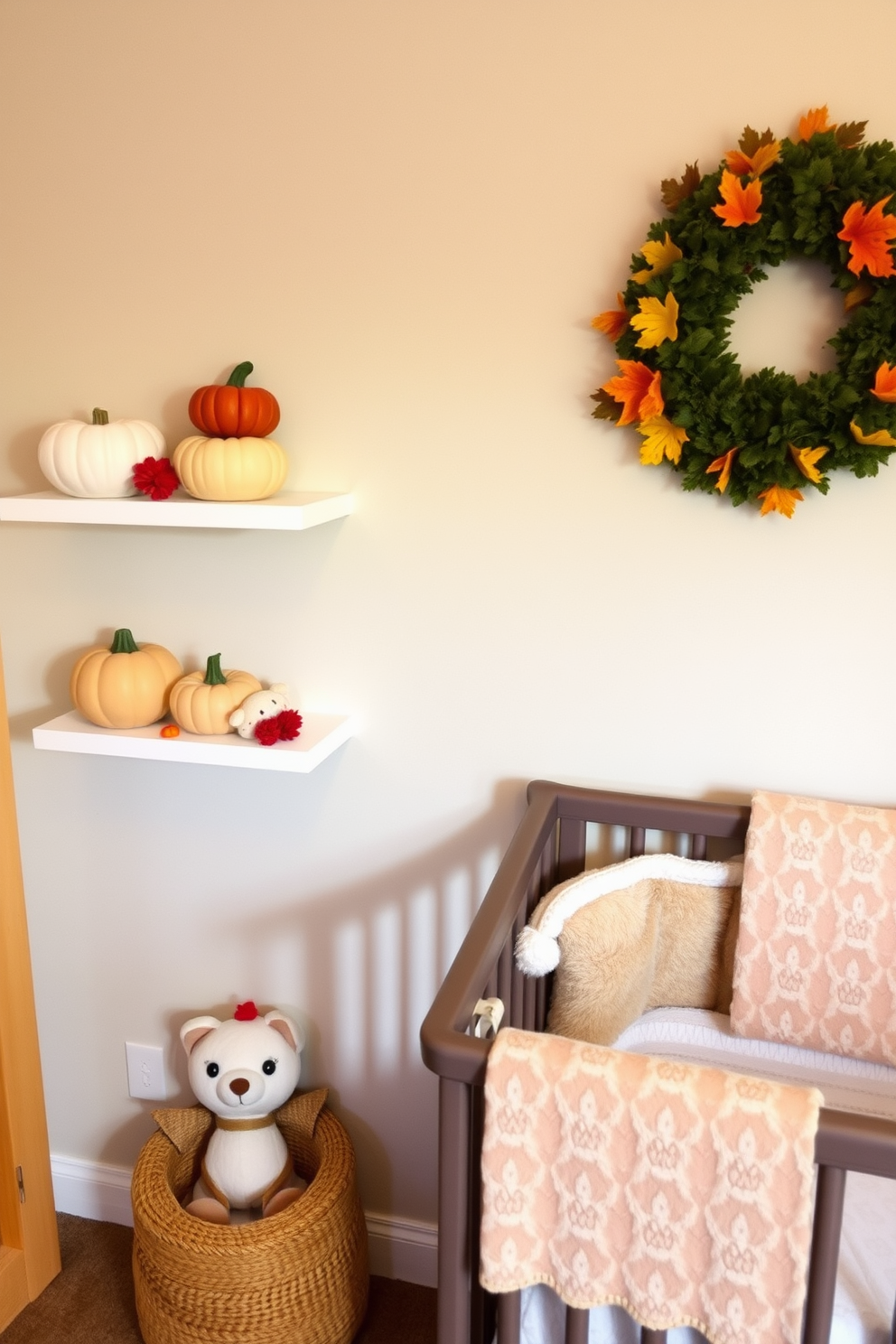 A cozy nursery featuring wall-mounted shelves adorned with autumn accents. The shelves display decorative pumpkins, colorful leaves, and soft plush toys, creating a warm and inviting atmosphere.