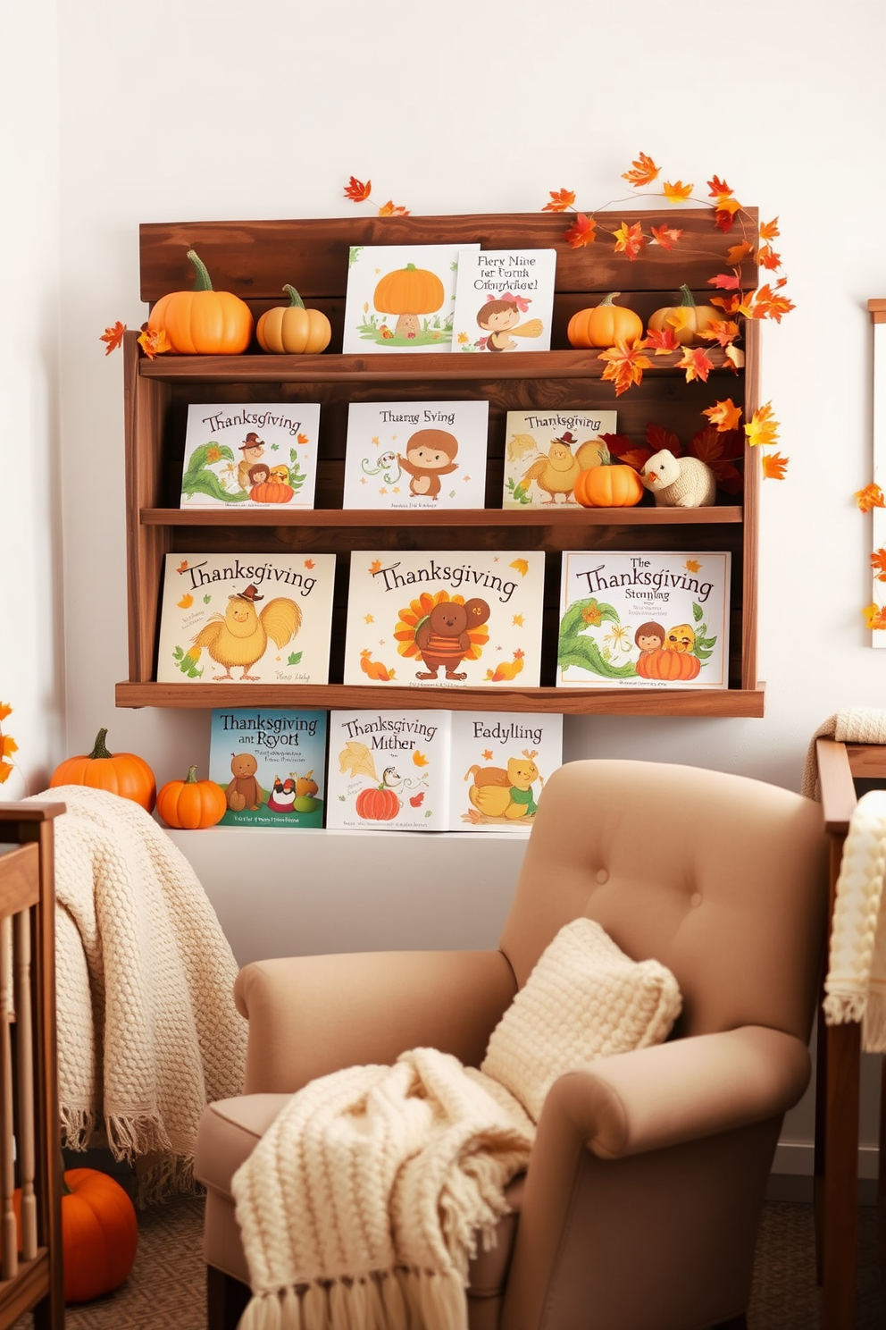 Thanksgiving storybooks are beautifully arranged on a rustic wooden shelf. The cozy reading nook features a plush armchair and soft throw blankets for a warm atmosphere. The nursery is adorned with cheerful autumn-themed decorations. Soft pastel colors blend seamlessly with playful elements like pumpkins and leaves for a festive touch.