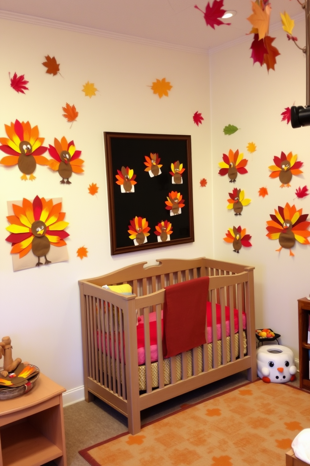 A warm and inviting nursery decorated for Thanksgiving. The walls are adorned with handmade crafts from children, featuring colorful paper turkeys and autumn leaves, creating a festive atmosphere.