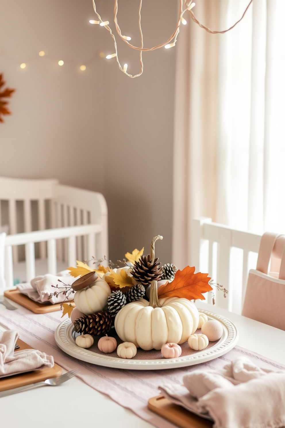 A charming Thanksgiving nursery setting. The table is adorned with a rustic gourd and pinecone arrangement, surrounded by soft pastel decorations. The warm autumn colors create a cozy atmosphere. Delicate fairy lights twinkle above, enhancing the festive feel of the nursery.