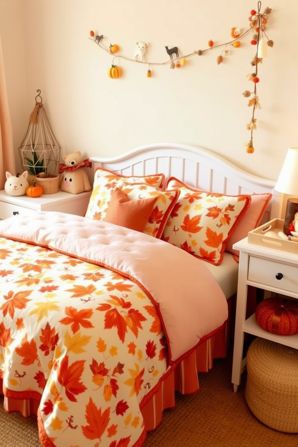 Thanksgiving themed bedding sets. The bedding features warm autumn colors with leaves and pumpkin patterns, complemented by plush pillows and a soft quilt for a cozy feel. Thanksgiving Nursery Decorating Ideas. The nursery is adorned with gentle fall hues, cute animal motifs, and decorative elements like tiny pumpkins and acorns, creating a warm and inviting space for the little one.