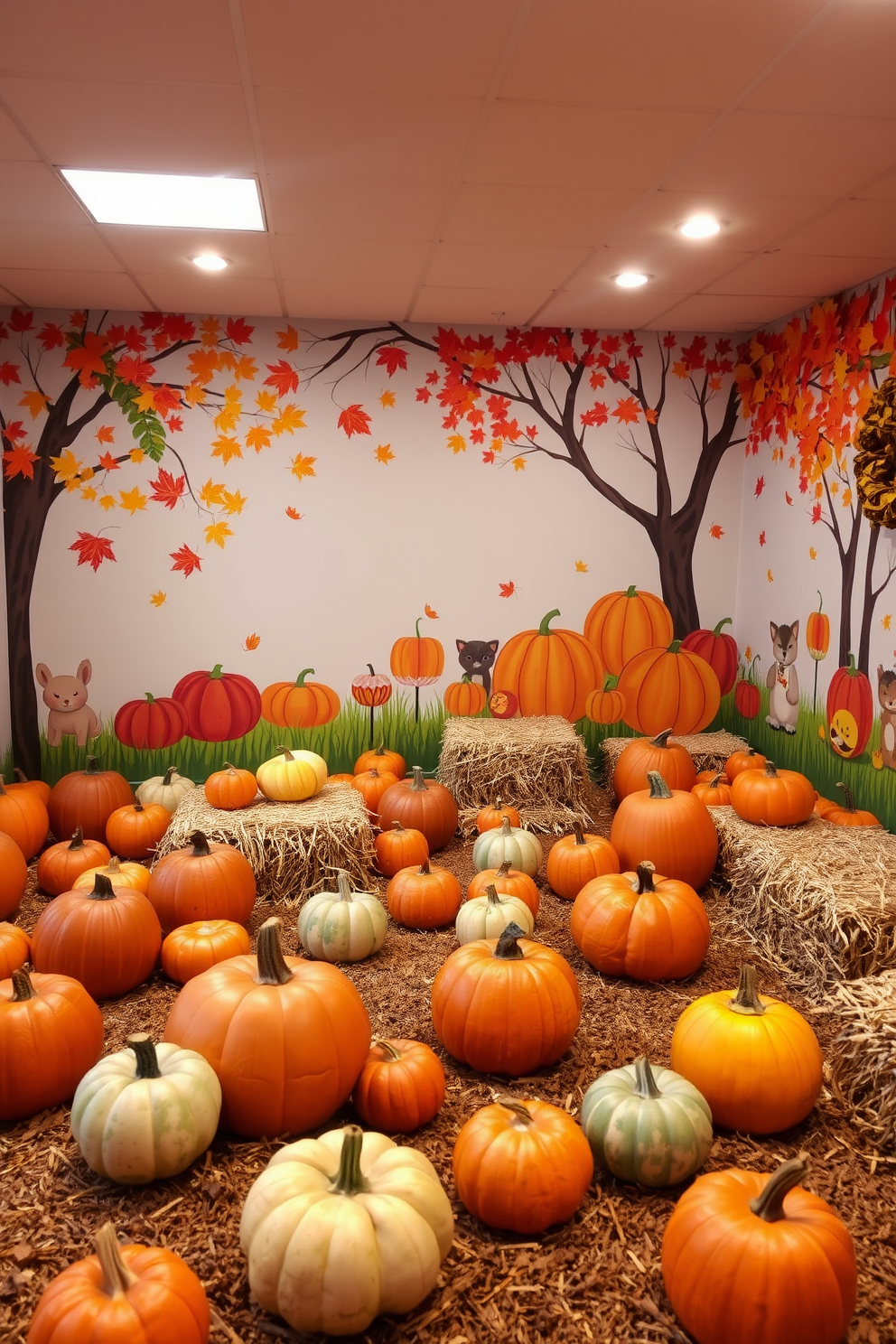 A cozy pumpkin patch play area is designed for a Thanksgiving nursery. Colorful pumpkins of various sizes are scattered around, with hay bales serving as seating for little ones. Soft, warm lighting creates an inviting atmosphere, complemented by autumn-themed decorations. A playful mural of fall leaves and friendly animals adorns the walls, enhancing the festive spirit.