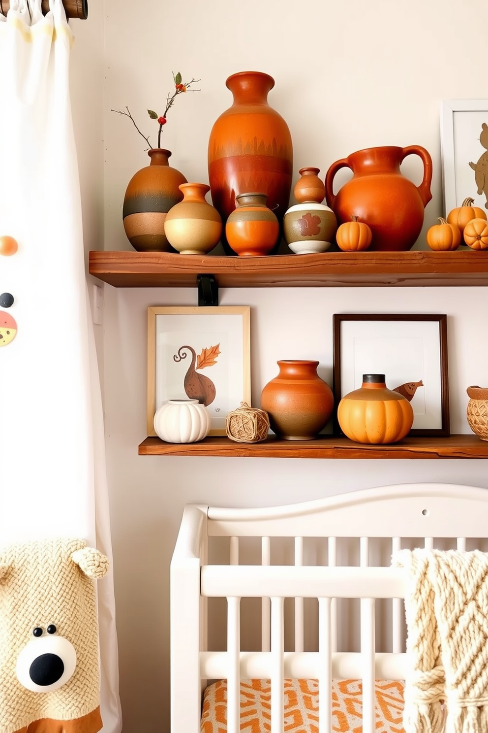 Artisan pottery in rich fall colors is displayed on a rustic wooden shelf, creating a warm and inviting atmosphere. The nursery features soft, neutral walls adorned with playful autumn-themed artwork, complemented by cozy textiles in shades of orange and gold.