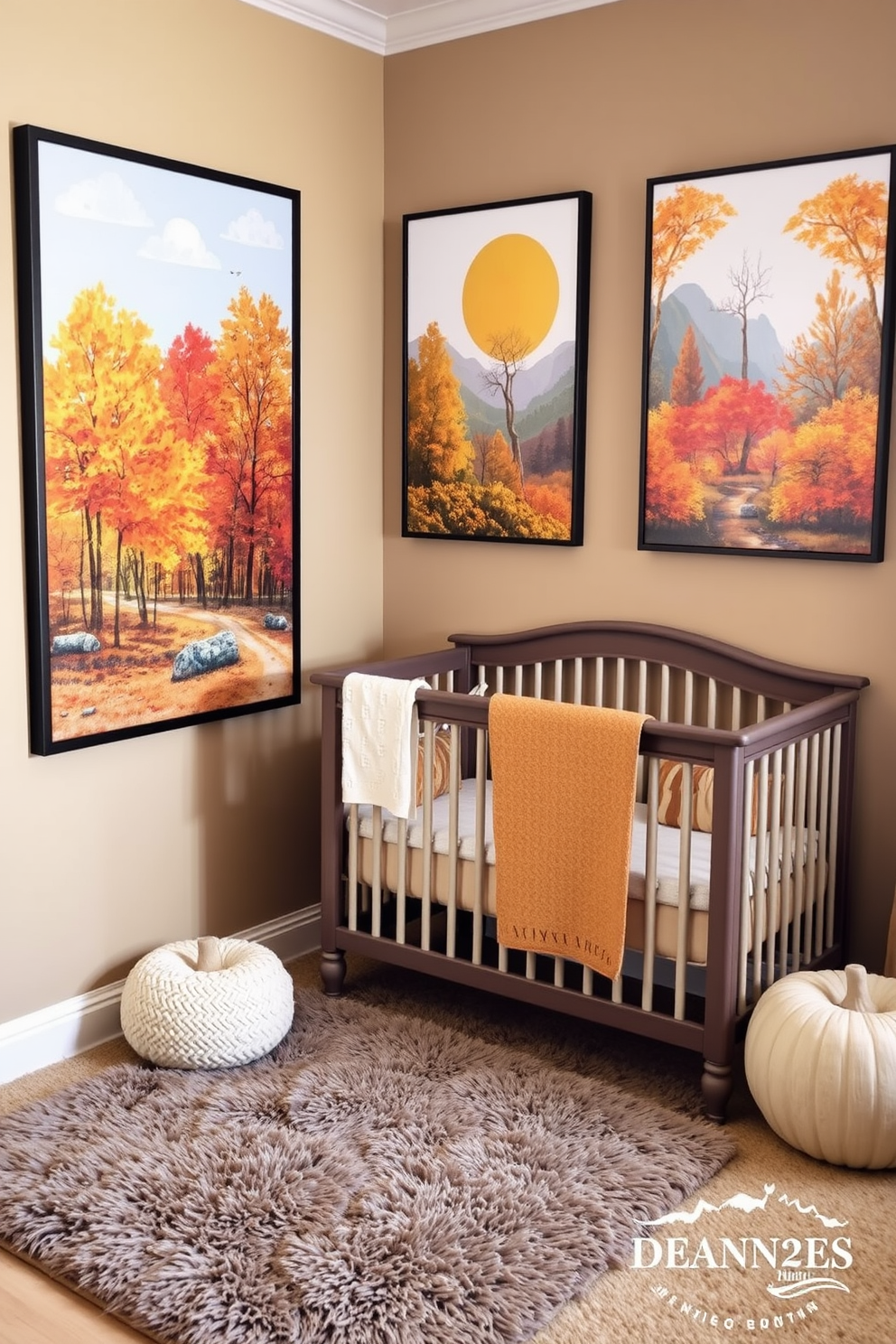 A cozy nursery adorned with nature-inspired artwork showcasing vibrant autumn scenes. The walls are painted in soft earth tones, and a plush area rug adds warmth to the space.