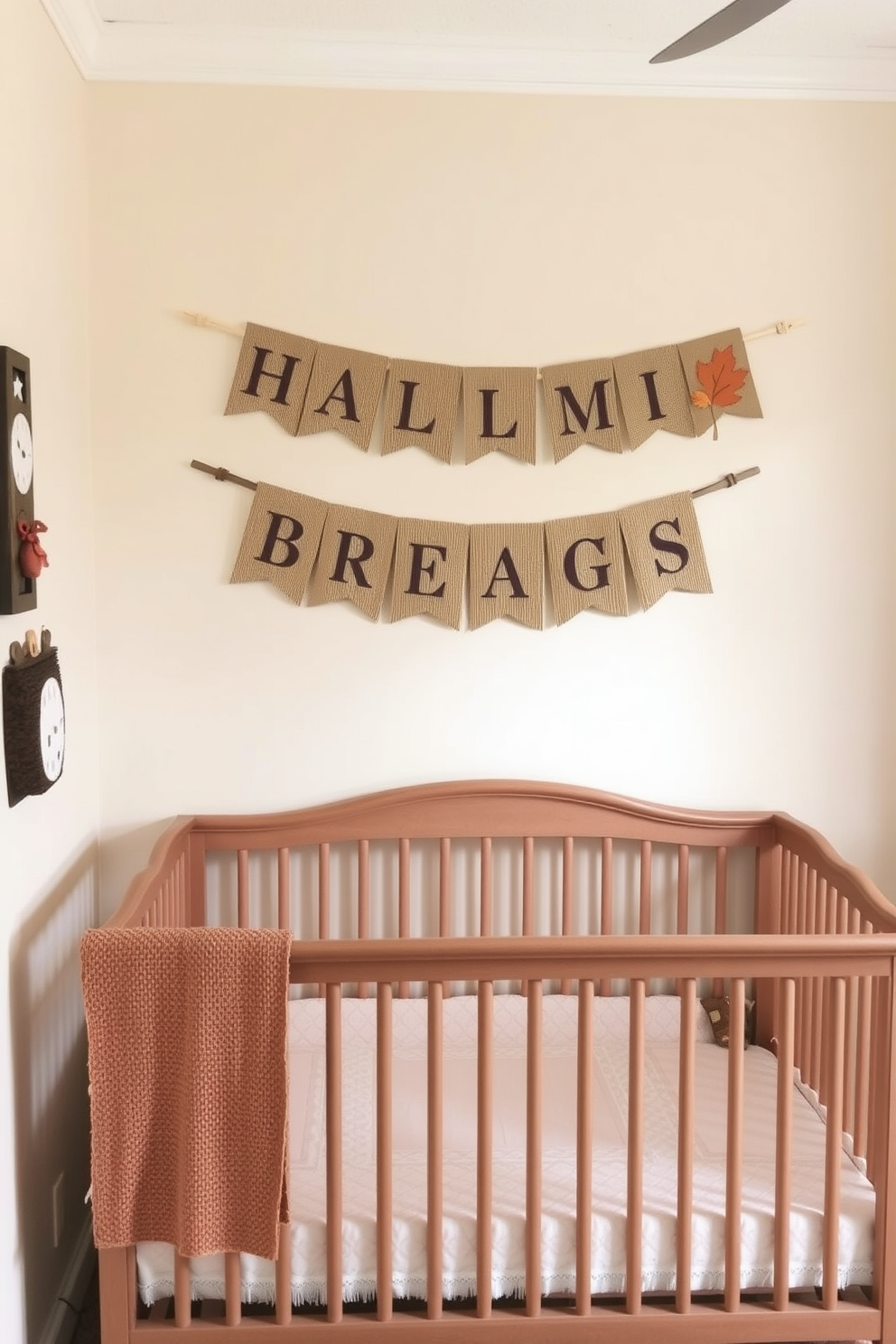 A cozy nursery decorated for Thanksgiving features burlap accents that add a rustic touch. Soft pastel colors dominate the walls, while a charming burlap banner with autumn leaves hangs above the crib.