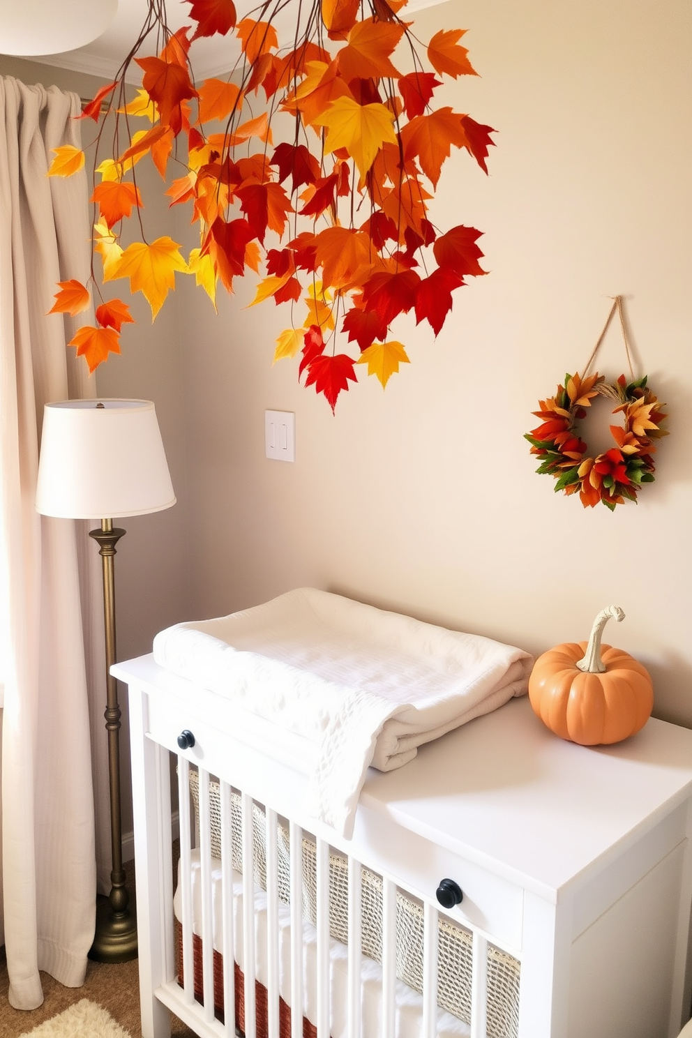 A cozy nursery decorated for Thanksgiving features a changing table adorned with soft, neutral linens. Above the table, vibrant hanging autumn leaves create a warm and inviting atmosphere, adding a seasonal touch to the space.