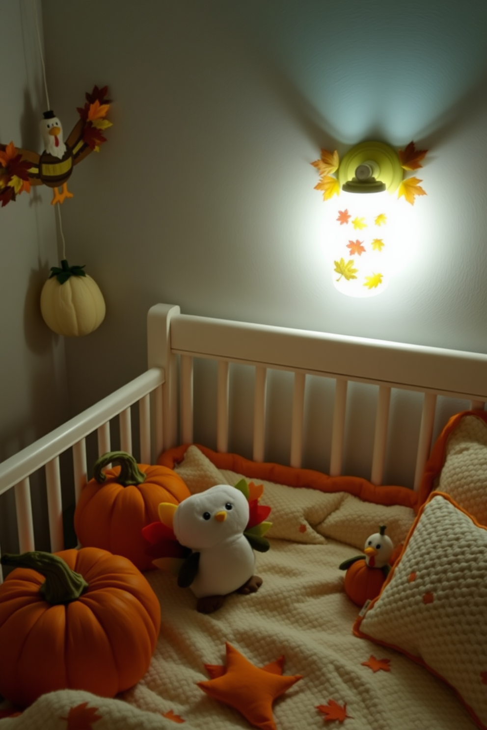 A cozy Thanksgiving themed nightlight casts a warm glow in the nursery, featuring soft autumn colors and leaf motifs. The gentle light creates a serene atmosphere, perfect for bedtime stories and sweet dreams. The nursery is adorned with Thanksgiving decorations, including plush pumpkins and cheerful turkeys. Soft blankets and pillows in seasonal hues invite comfort and warmth, making it a festive space for little ones.