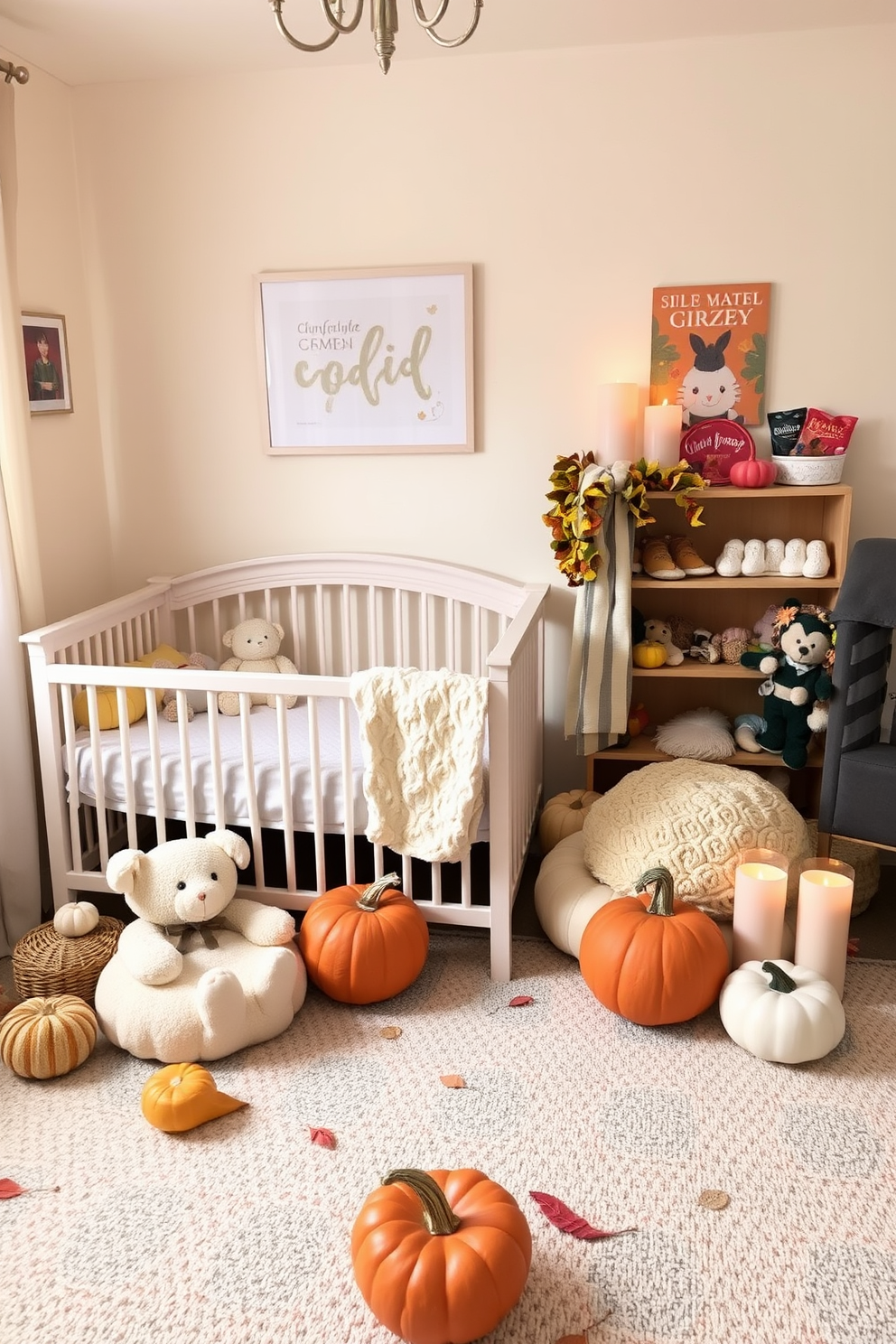 A cozy nursery filled with warmth and comfort. Soft pastel colors adorn the walls while plush toys and blankets create an inviting atmosphere. Scented candles in autumnal fragrances fill the air with seasonal scents. Decorative elements like pumpkins and fall leaves enhance the Thanksgiving theme in the nursery.