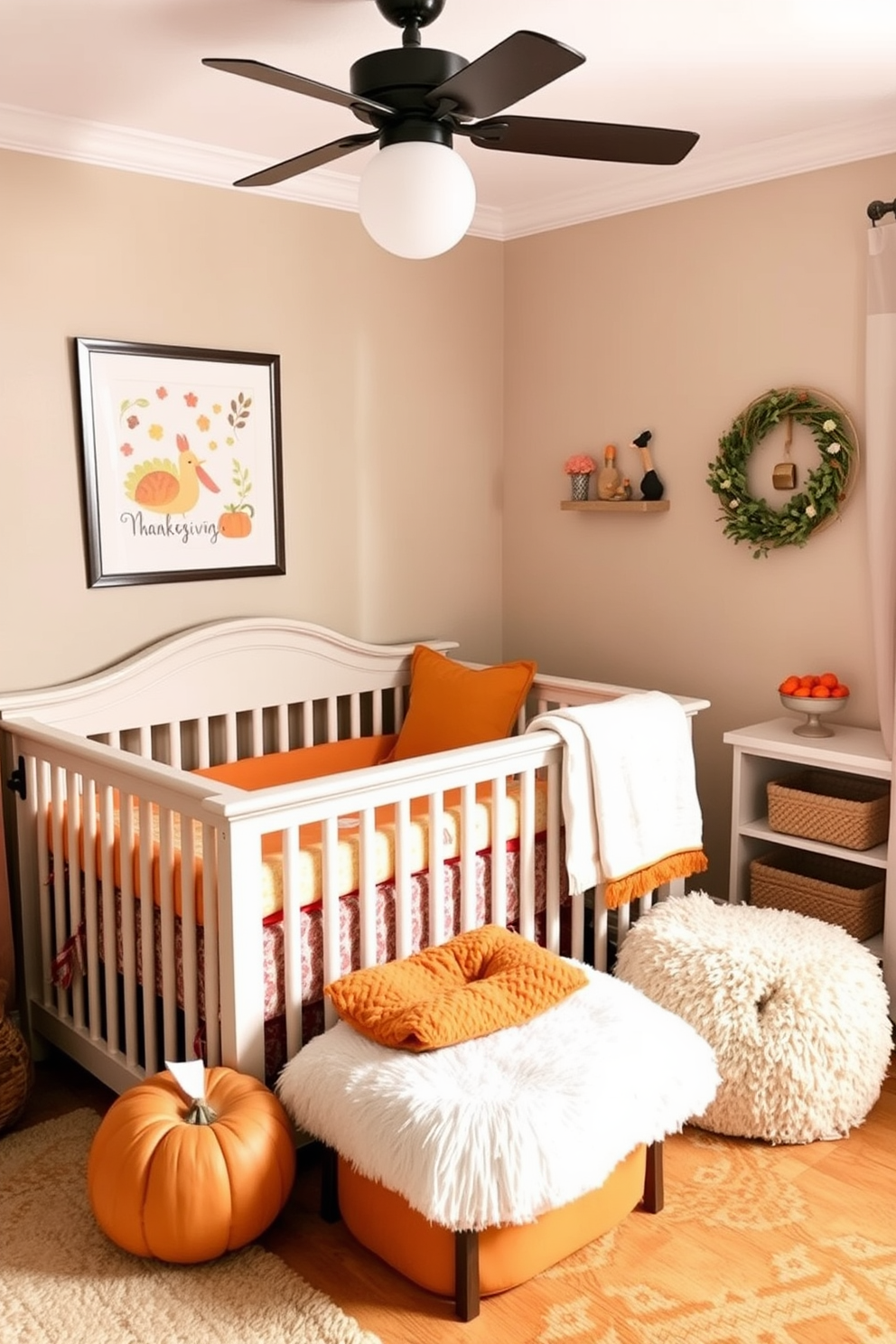 A cozy nursery designed for Thanksgiving featuring soft orange and yellow hues. The walls are adorned with whimsical autumn-themed artwork and plush, comfortable furnishings that create a warm and inviting atmosphere.