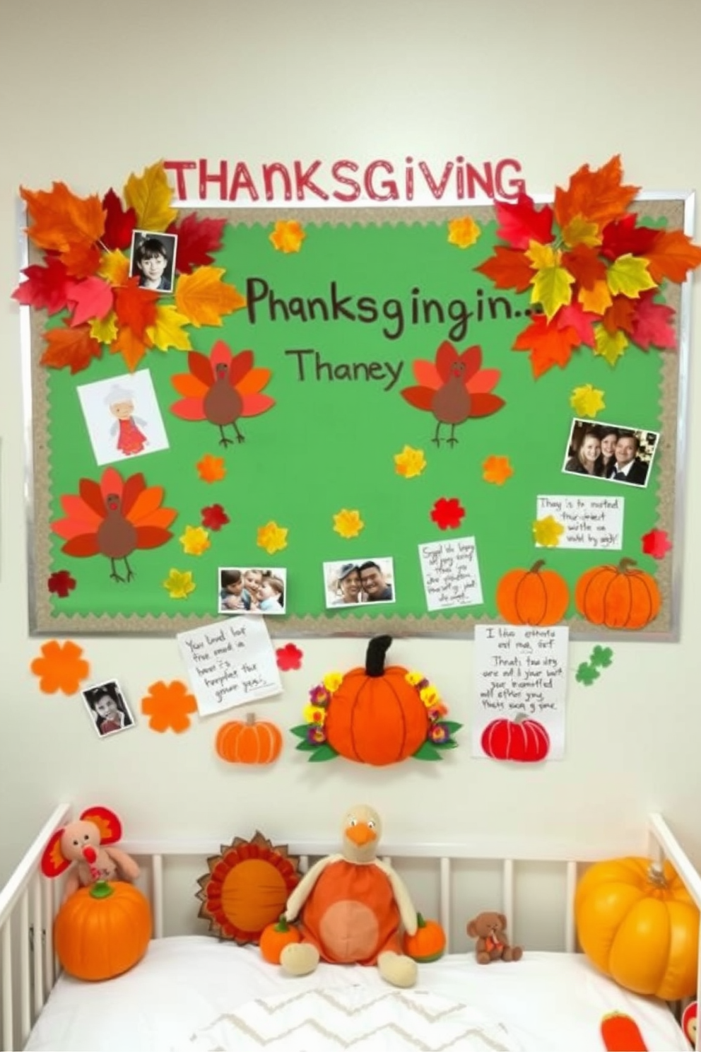 A creative Thanksgiving bulletin board display featuring vibrant autumn leaves, hand-drawn turkeys, and colorful pumpkins. The board is adorned with family photos and festive quotes, creating a warm and inviting atmosphere. Thanksgiving nursery decorating ideas that include soft pastel colors and playful elements like stuffed turkeys and pumpkins. The room is filled with cozy textures and whimsical decorations, making it a cheerful space for little ones to celebrate the holiday.