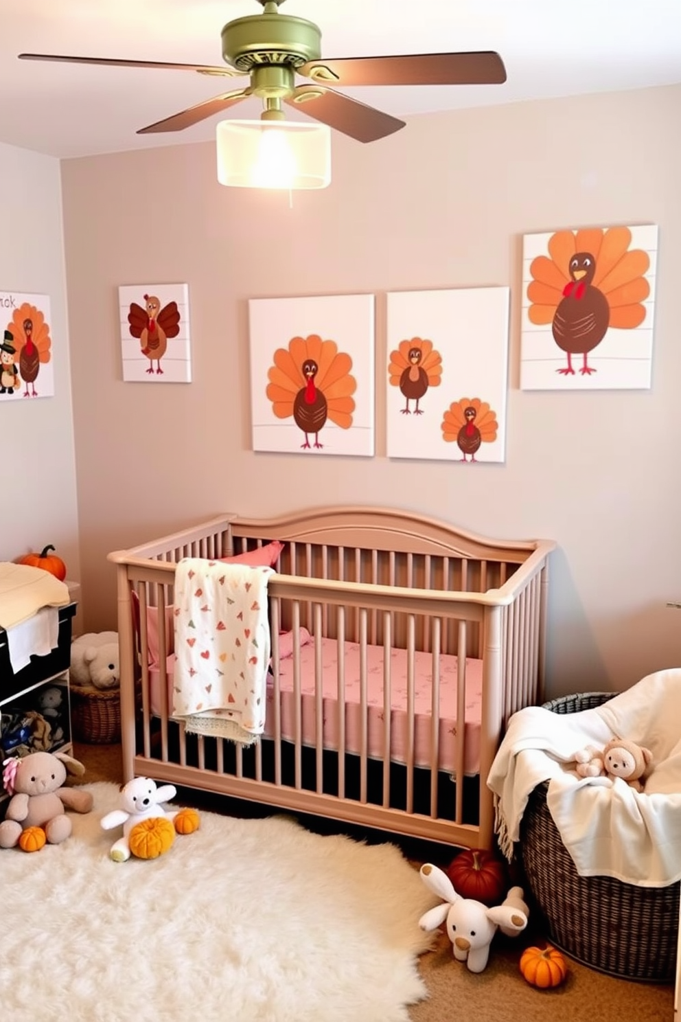 A whimsical nursery decorated for Thanksgiving features playful turkey prints on canvas adorning the walls. Soft pastel colors create a warm and inviting atmosphere, complemented by plush toys and cozy blankets scattered throughout the room.