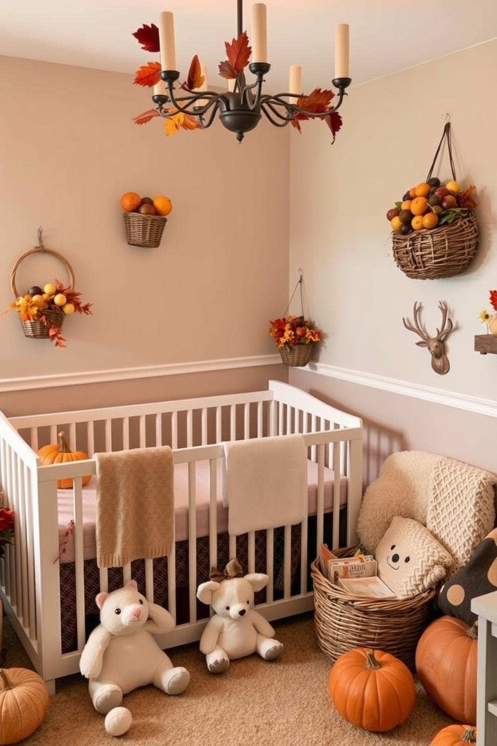 A cozy nursery decorated for Thanksgiving. The room features decorative baskets filled with seasonal fruits, adding warmth and a festive touch to the space. Soft, muted colors are used on the walls, creating a calming atmosphere. Plush toys and autumn-themed decor are scattered throughout, enhancing the seasonal charm.