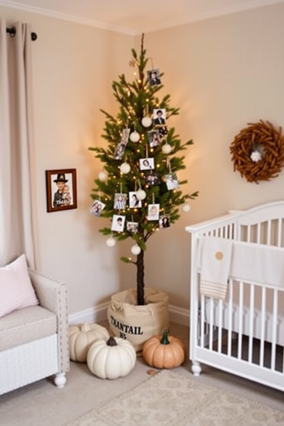 A thankful tree stands in the corner of a cozy nursery, adorned with family photos that capture cherished memories. Soft, warm lighting creates an inviting atmosphere, while pastel-colored decorations enhance the festive spirit of Thanksgiving.