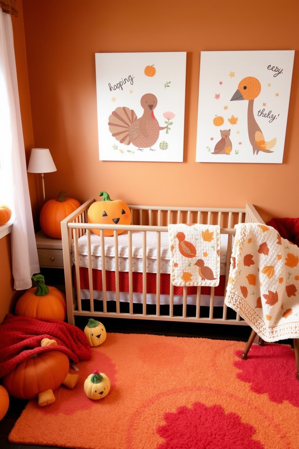 Whimsical autumn characters adorn the nursery, bringing a playful spirit to the decor. Soft plush pumpkins and friendly turkeys are scattered throughout, inviting warmth and joy to the space. The walls are painted in warm earth tones, complemented by cozy blankets in vibrant fall colors. Adorable illustrations of woodland creatures celebrate the season, creating a charming atmosphere for little ones.