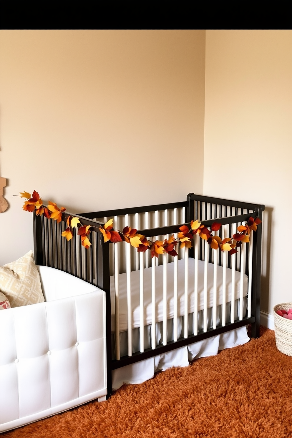 A cozy nursery adorned with an autumn leaf garland draped gently across the crib. The walls are painted in soft beige, and a plush area rug in warm tones complements the seasonal decor.