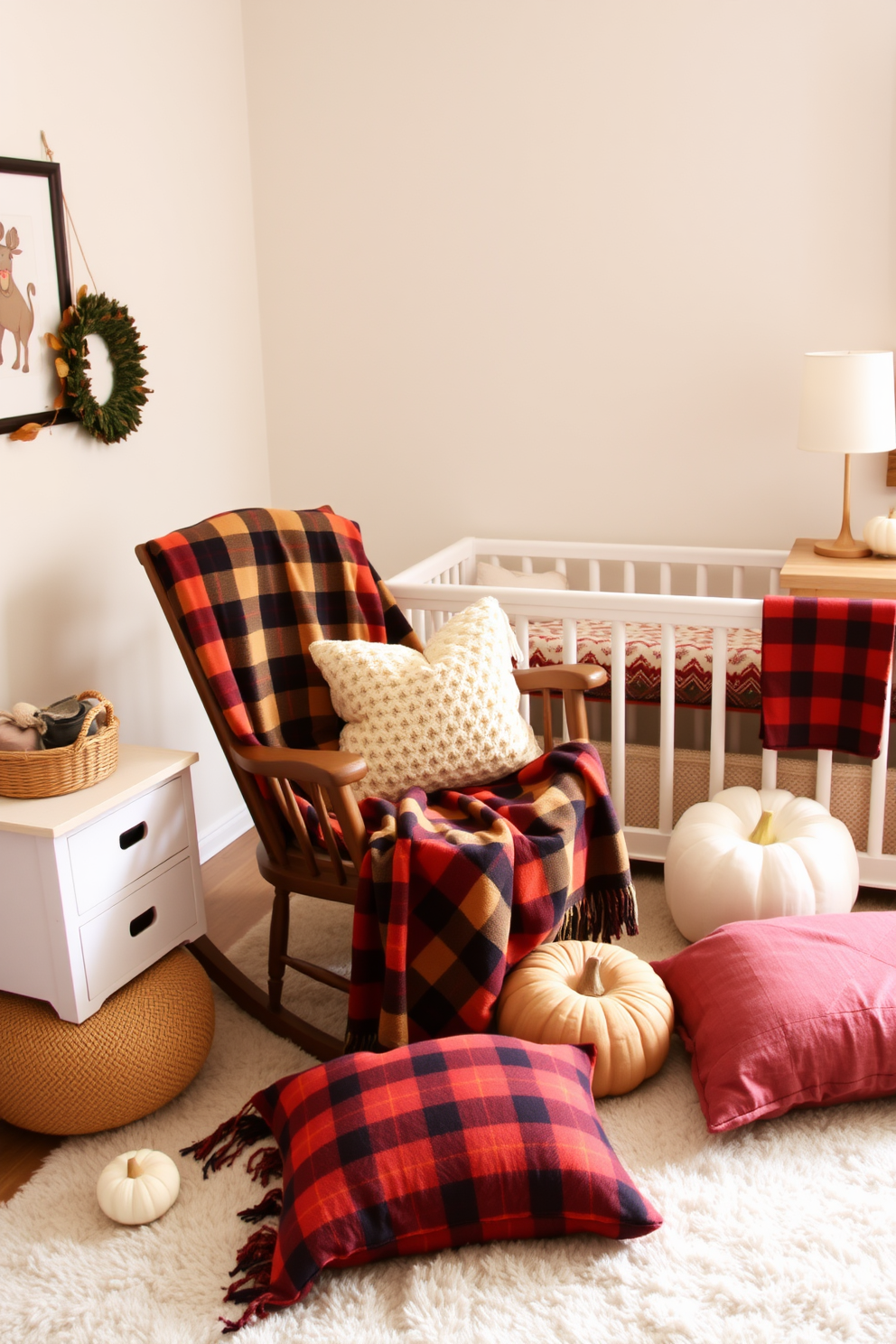 A warm and inviting nursery decorated for Thanksgiving. The room features cozy plaid blankets draped over a rocking chair and plush pillows scattered across a soft area rug.