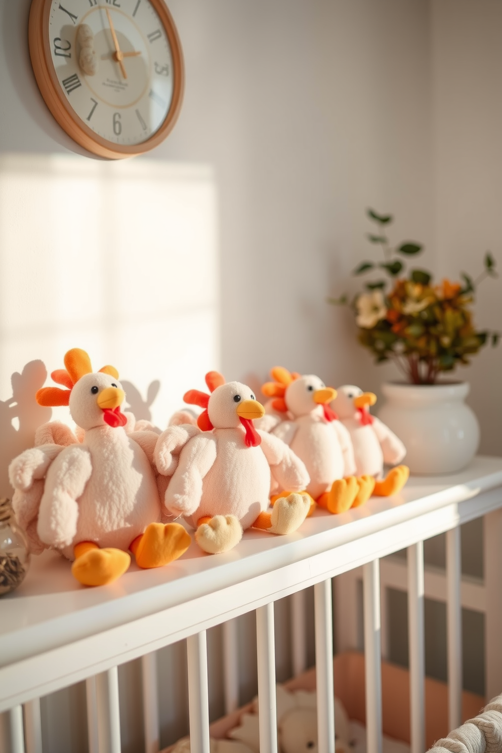 Cute turkey plush toys are arranged on a cozy nursery shelf, adding a whimsical touch to the Thanksgiving decor. Soft pastel colors dominate the space, with gentle lighting creating a warm and inviting atmosphere.