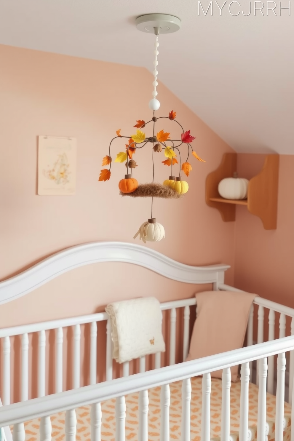 A cozy nursery adorned with a harvest-themed mobile hanging above the crib. Soft pastel colors dominate the room, with warm oranges and yellows reflecting the Thanksgiving spirit.