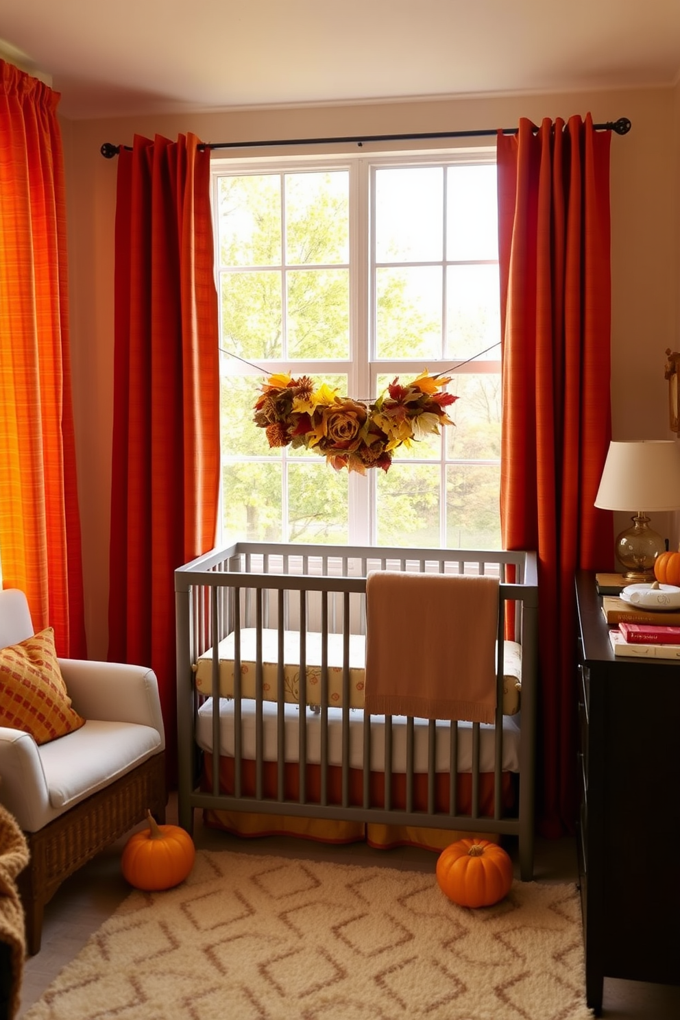 A cozy nursery adorned with fall colored curtains that bring warmth and comfort to the space. The curtains are made of soft, textured fabric in rich oranges, deep reds, and golden yellows, creating a welcoming atmosphere for the Thanksgiving season.