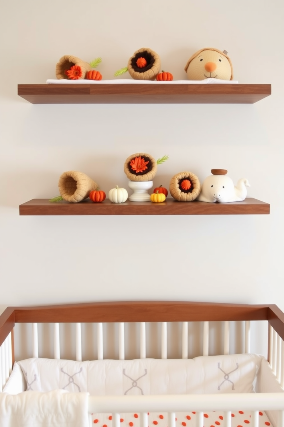 Create a warm and inviting nursery space featuring miniature cornucopia centerpieces displayed on floating shelves. The decor should include soft pastel colors, plush toys, and autumn-themed accents to enhance the Thanksgiving spirit.