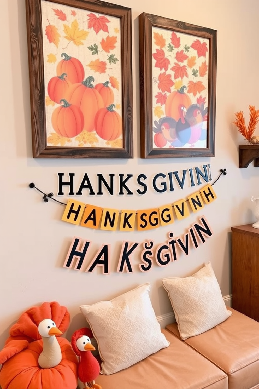 Thanksgiving themed wall art displays vibrant autumn colors featuring pumpkins, turkeys, and fall leaves. The artwork is framed in rustic wood, adding a cozy touch to the playroom. Thanksgiving playroom decorating ideas include playful elements like plush turkey cushions and a festive banner. Soft, warm lighting creates an inviting atmosphere perfect for family gatherings.