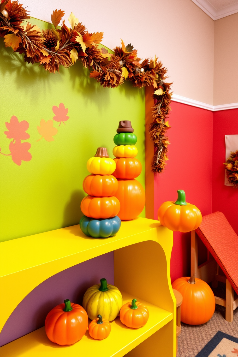 Colorful stacking toys shaped like pumpkins are arranged on a bright, playful shelf in the Thanksgiving-themed playroom. The walls are painted in warm autumn hues, and festive decorations like garlands and small pumpkins enhance the cozy atmosphere.