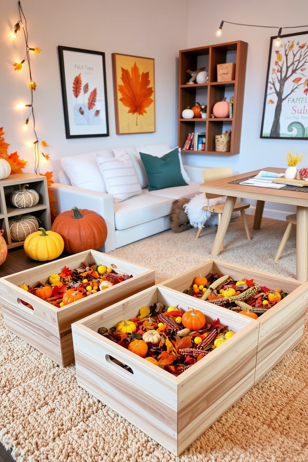 Thanksgiving themed sensory play bins filled with colorful leaves, small pumpkins, and dried corn create an inviting atmosphere. The bins are made of natural wood and are placed on a soft, textured rug in warm autumn colors. Thanksgiving playroom decorating ideas include a cozy reading nook with plush cushions and a backdrop of fall-themed artwork. String lights in warm hues illuminate the space, while a table is set up for crafts with seasonal supplies.