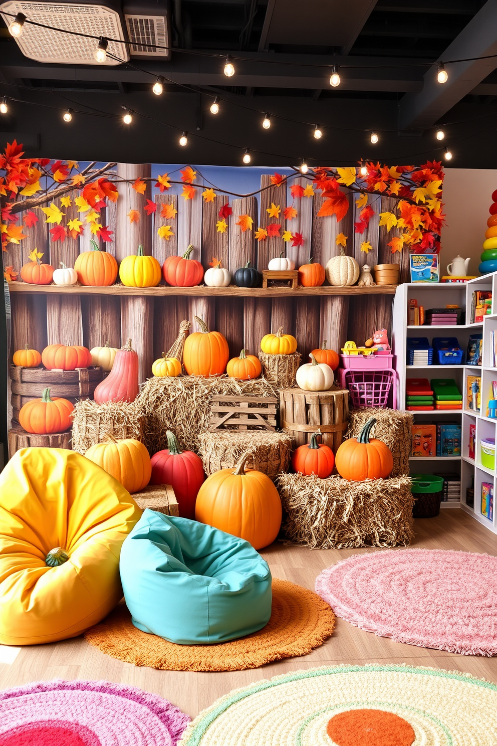 A vibrant harvest festival backdrop featuring a variety of colorful pumpkins, hay bales, and autumn leaves. String lights twinkle above, creating a warm and inviting atmosphere for Thanksgiving photos. A whimsical playroom filled with playful decor and bright colors. Soft rugs and bean bags provide cozy seating, while shelves display an array of toys and books for endless entertainment.