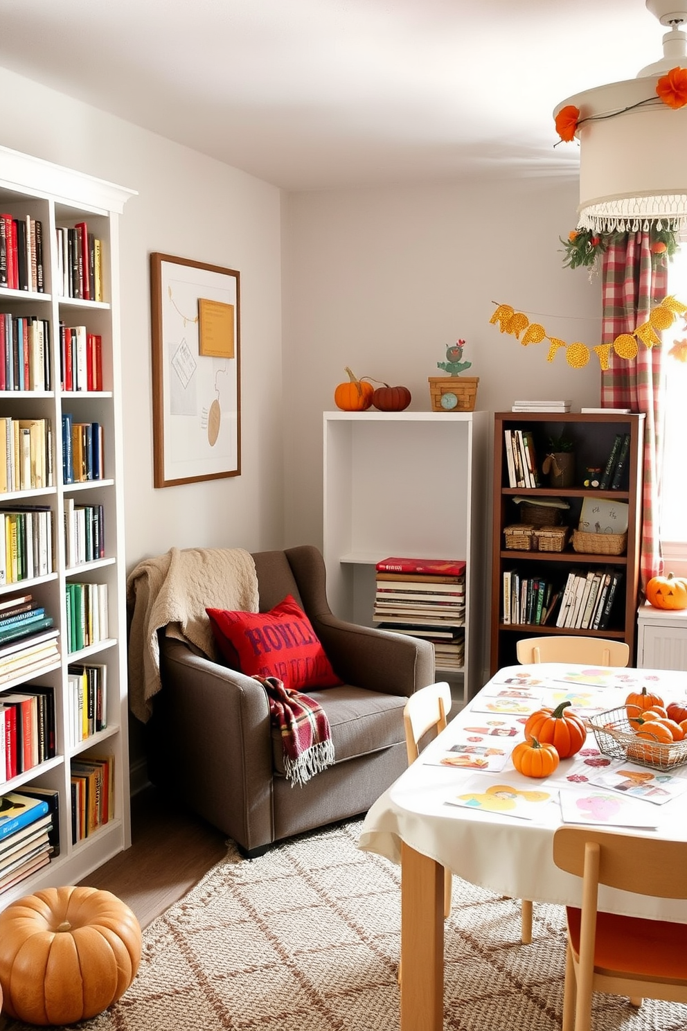 A charming miniature Thanksgiving feast play set is arranged on a small wooden table. The table is adorned with tiny plates filled with a miniature turkey, stuffing, and vibrant autumn vegetables. The playroom features warm, inviting colors with fall-themed decorations. Plush pumpkins and autumn leaves are scattered around, creating a festive atmosphere perfect for imaginative play.