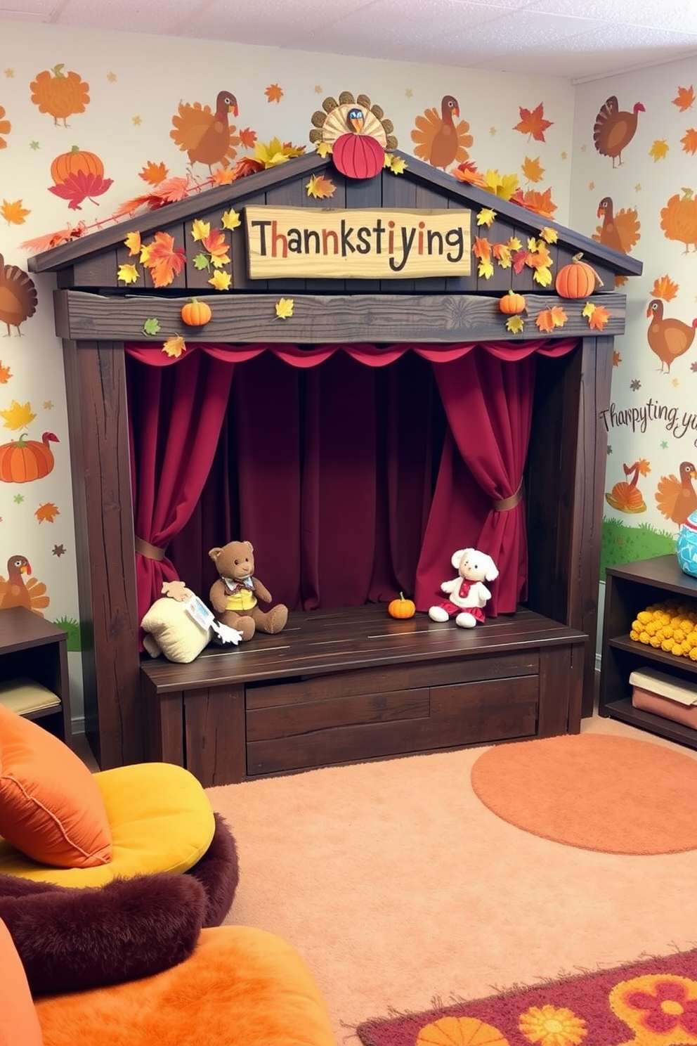 A cozy Thanksgiving themed puppet theater setup is created with a rustic wooden stage adorned with autumn leaves and pumpkins. Plush seating in warm colors surrounds the theater, inviting children to enjoy festive performances. The playroom is decorated with cheerful Thanksgiving motifs featuring turkeys and harvest scenes. Soft, colorful rugs and cushions enhance the playful atmosphere, making it a perfect space for creativity and fun.