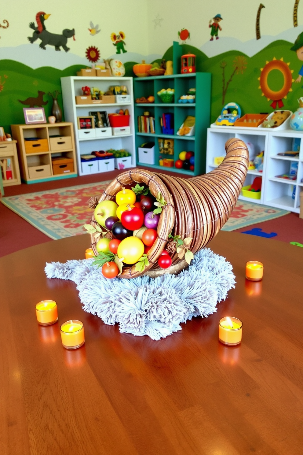 A decorative cornucopia centerpiece filled with colorful fruits and vegetables sits elegantly on a rustic wooden table. Surrounding the centerpiece are small candles in autumnal colors, creating a warm and inviting atmosphere for Thanksgiving. A vibrant playroom designed for creativity and fun features a soft, colorful rug in the center. The walls are adorned with playful murals, and shelves filled with toys and books are easily accessible for children.