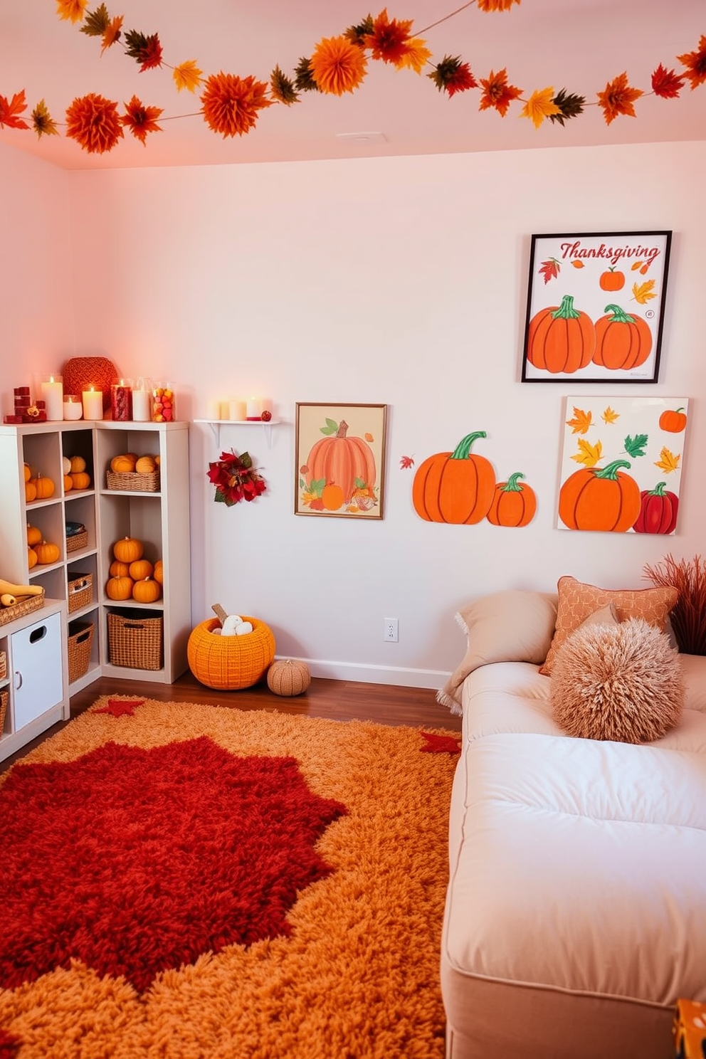 A cozy playroom filled with vibrant colors and playful decorations. Plush rugs in warm autumn hues cover the floor, while shelves are lined with fall scented candles to create a welcoming ambiance. Thanksgiving themed artwork adorns the walls, featuring pumpkins and autumn leaves. A comfortable seating area with oversized cushions invites children to relax and enjoy the festive atmosphere.