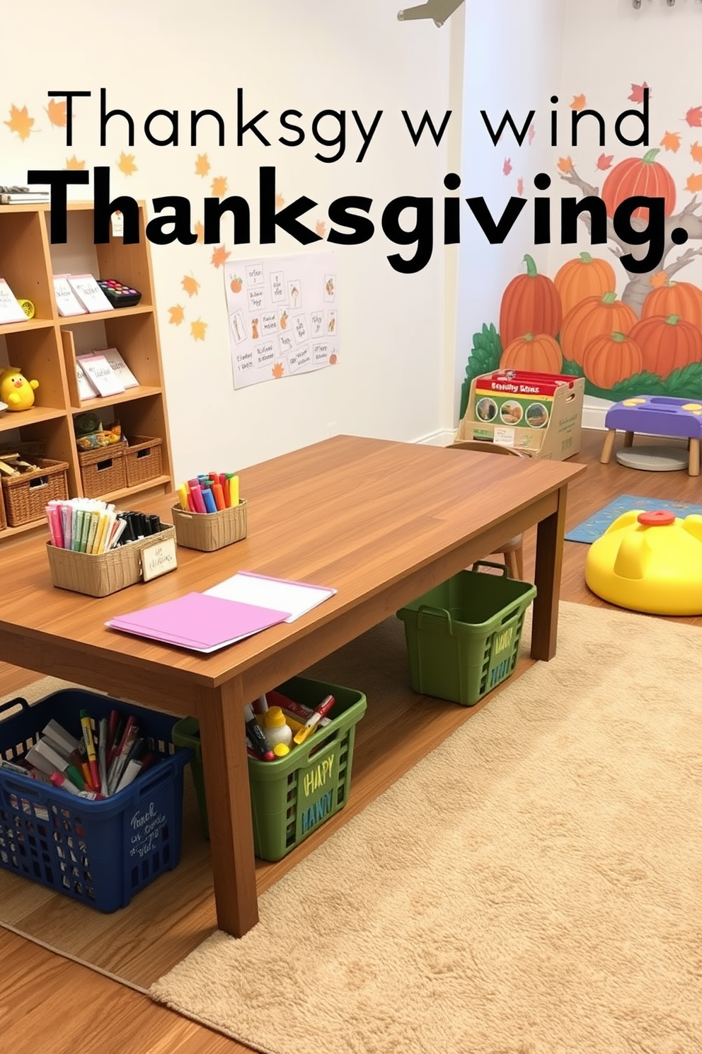 A cozy craft station designed for making thank you cards during Thanksgiving. The space features a large wooden table with colorful paper, stamps, and markers neatly organized in baskets. A playful playroom filled with vibrant colors and engaging decor. The room includes a soft rug, a variety of toys, and a mural of autumn leaves and pumpkins on the walls.