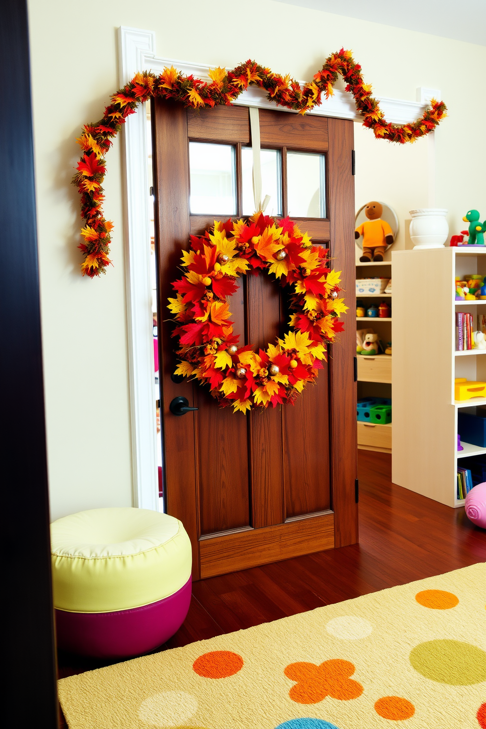 A colorful autumn wreath is hung on a rustic wooden door, adorned with vibrant leaves and seasonal decorations. The entrance is welcoming and festive, setting a cheerful tone for the Thanksgiving season. The playroom is designed with bright colors and playful patterns, featuring a large rug with fun shapes and soft seating areas. Shelves are filled with toys and books, creating an inviting space for children to explore and play.